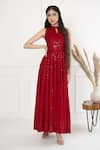 Buy_SUTI KAPDA_Maroon Rayon Embroidered Thread Halter Neck And Sequin Gown _at_Aza_Fashions