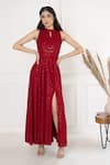 Shop_SUTI KAPDA_Maroon Rayon Embroidered Thread Halter Neck And Sequin Gown _Online_at_Aza_Fashions