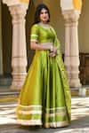 Buy_Suti Kapda_Green Taffeta, Silk Lace V-neck Border Panelled Lehenga Set _at_Aza_Fashions