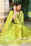 Suti Kapda_Green Taffeta, Silk Lace V-neck Border Panelled Lehenga Set _Online_at_Aza_Fashions