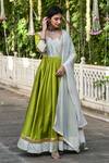 Buy_Suti Kapda_Green Taffeta, Chiffon Lace V-neck Colourblock Panel Anarkali With Dupatta_at_Aza_Fashions