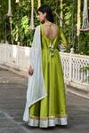 Shop_Suti Kapda_Green Taffeta, Chiffon Lace V-neck Colourblock Panel Anarkali With Dupatta_at_Aza_Fashions