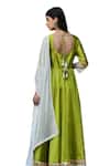 Suti Kapda_Green Taffeta, Chiffon Lace V-neck Colourblock Panel Anarkali With Dupatta_Online_at_Aza_Fashions