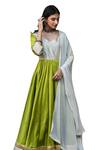 Buy_Suti Kapda_Green Taffeta, Chiffon Lace V-neck Colourblock Panel Anarkali With Dupatta_Online_at_Aza_Fashions