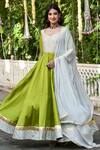 Shop_Suti Kapda_Green Taffeta, Chiffon Lace V-neck Colourblock Panel Anarkali With Dupatta_Online_at_Aza_Fashions