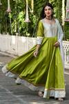 Suti Kapda_Green Taffeta, Chiffon Lace V-neck Colourblock Panel Anarkali With Dupatta_at_Aza_Fashions