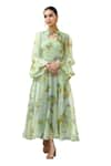 Buy_SUTI KAPDA_Green Chiffon Printed Floral Bouquet V-neck Dress _Online_at_Aza_Fashions