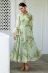 Shop_SUTI KAPDA_Green Chiffon Printed Floral Bouquet V-neck Dress _at_Aza_Fashions