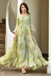 Buy_SUTI KAPDA_Green Chiffon Printed Floral Bouquet V-neck Gown _at_Aza_Fashions