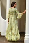 Shop_SUTI KAPDA_Green Chiffon Printed Floral Bouquet V-neck Gown _at_Aza_Fashions