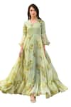 Buy_SUTI KAPDA_Green Chiffon Printed Floral Bouquet V-neck Gown _Online_at_Aza_Fashions