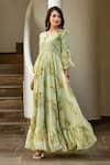 Shop_SUTI KAPDA_Green Chiffon Printed Floral Bouquet V-neck Gown _Online_at_Aza_Fashions