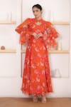 Buy_SUTI KAPDA_Orange Chiffon Printed Floral Blossom Band Collar Dress _at_Aza_Fashions