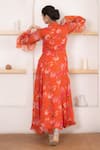 Shop_SUTI KAPDA_Orange Chiffon Printed Floral Blossom Band Collar Dress _at_Aza_Fashions