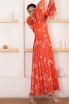 Buy_SUTI KAPDA_Orange Chiffon Printed Floral Blossom Band Collar Dress _Online_at_Aza_Fashions