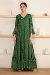 Buy_SUTI KAPDA_Green Chiffon Hand Embroidered Bandhani V Neck Pattern Gown _at_Aza_Fashions