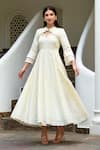 Shop_Suti Kapda_Off White Rayon Embroidery Open Neck Ruffle Detailed Neckline Dress _at_Aza_Fashions