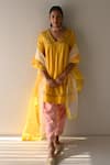 Shop_Shorshe Clothing_Yellow Organza Lace Trim Flower Patch Detailed Ombre Dupatta _at_Aza_Fashions