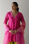 Shorshe Clothing_Pink Silk Brocade Woven Floral V Neck Kurta And Sharara Set _Online_at_Aza_Fashions