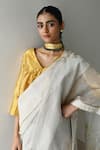 Shorshe Clothing_Gold Handloom Tissue Plain V Neck Saree Blouse _Online_at_Aza_Fashions