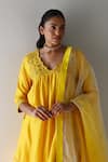 Shorshe Clothing_Yellow Kurta Pure Silk Embroidery Zardozi Scallop V Neck And Salwar Set _Online_at_Aza_Fashions