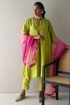 Buy_Shorshe Clothing_Green Pure Silk Embroidery Zardozi Notched Work Jhabla Kurta And Pant Set _at_Aza_Fashions