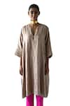 Shorshe Clothing_Beige Kurta Brocade Woven Checkered Notched And Pant Set _at_Aza_Fashions