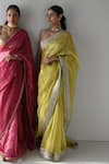 Buy_Shorshe Clothing_Green Handwoven Chanderi Silk And Tissue Pin Stripes Sati & Hand Saree _at_Aza_Fashions