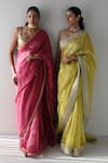 Shorshe Clothing_Green Handwoven Chanderi Silk And Tissue Pin Stripes Sati & Hand Saree _Online_at_Aza_Fashions