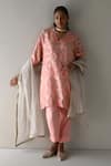 Buy_Shorshe Clothing_Pink Kurta And Tissue Floral V Shahi Tunic With Cigarette Pant _at_Aza_Fashions