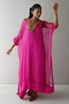 Shop_Shorshe Clothing_Pink Kaftan Organza Embroidered Yoke Zari Lace V Neck Wahida Hand _Online_at_Aza_Fashions