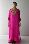 Buy_Shorshe Clothing_Pink Kaftan Organza Embroidered Yoke Zari Lace V Neck Wahida Hand 