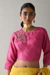 Buy_Shorshe Clothing_Pink Check Silk Placement Embroidery Floral Round Blouse _at_Aza_Fashions