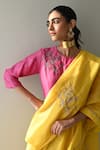 Buy_Shorshe Clothing_Pink Check Silk Placement Embroidery Floral Round Blouse _Online_at_Aza_Fashions