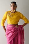 Buy_Shorshe Clothing_Yellow Check Silk Placement Embroidery Floral Round Flower Blouse _at_Aza_Fashions