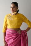 Shop_Shorshe Clothing_Yellow Check Silk Placement Embroidery Floral Round Flower Blouse _Online_at_Aza_Fashions