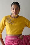 Shorshe Clothing_Yellow Check Silk Placement Embroidery Floral Round Flower Blouse _at_Aza_Fashions