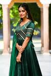 Suti Kapda_Green Silk, Satin Embroidery, Gota Patti V-neck Stripe Detailed Anarkali Set_at_Aza_Fashions
