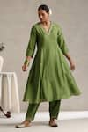 Shop_Weaver Story_Green Chanderi Hand Embroidered Gota Patti V-neck Floral Kurta Pant Set _Online_at_Aza_Fashions