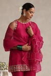 Weaver Story_Fuchsia Kurta And Gharara Chanderi Hand Embroidered Gota Patti Halter Work Set _Online_at_Aza_Fashions