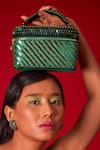 Shop_FOREVER NOOR_Green Sequin Laura Stone And Embellished Cube Bag _Online_at_Aza_Fashions