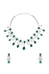 Shop_Moh-Maya by Disha Khatri_Silver Plated Zircon And Emerald Stone Embellished Necklace Set _at_Aza_Fashions