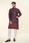 Buy_RNG Safawala_Maroon Raw Silk Embroidered Thread Kurta Set With Sequin Nehru Jacket _at_Aza_Fashions