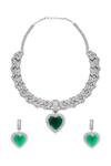 Shop_Moh-Maya By Disha Khatri_Silver Plated Zari Zircon And Emerald Stone Embellished Necklace Set _at_Aza_Fashions