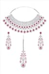 Shop Moh-Maya By Disha Khatri Red Zari, Rhinestones Ruby Stone Cutwork Embellished Jewellery Set at Aza Fashions Shop_Moh-Maya By Disha Khatri_Red Zari, Rhinestones Ruby Stone Cutwork Embellished Jewellery Set _at_Aza_Fashions