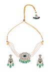 Shop_Moh-Maya by Disha Khatri_Green Stone Floral Carved Pendant Necklace Set _at_Aza_Fashions