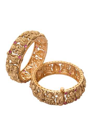 Shop_Nazaakat By Samara Singh_Gold Plated Stones Carved Laxmi Jadau Bangles-Set of 2 _at_Aza_Fashions
