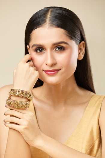 Buy_Nazaakat By Samara Singh_Gold Plated Stones Carved Laxmi Jadau Bangles-Set of 2 _Online_at_Aza_Fashions