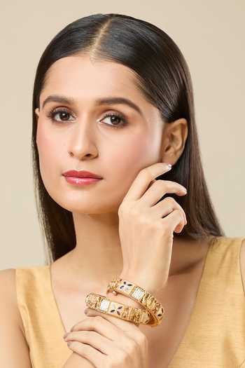Nazaakat By Samara Singh_Gold Plated Stones, Beads Carved Embellished Bangles-Set of 2 _Online_at_Aza_Fashions