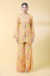 Kalakaari By Sagarika_Yellow Silk Muslin Print Floral Bloom V Neck Lotus Kurta Palazzo Set _Online_at_Aza_Fashions